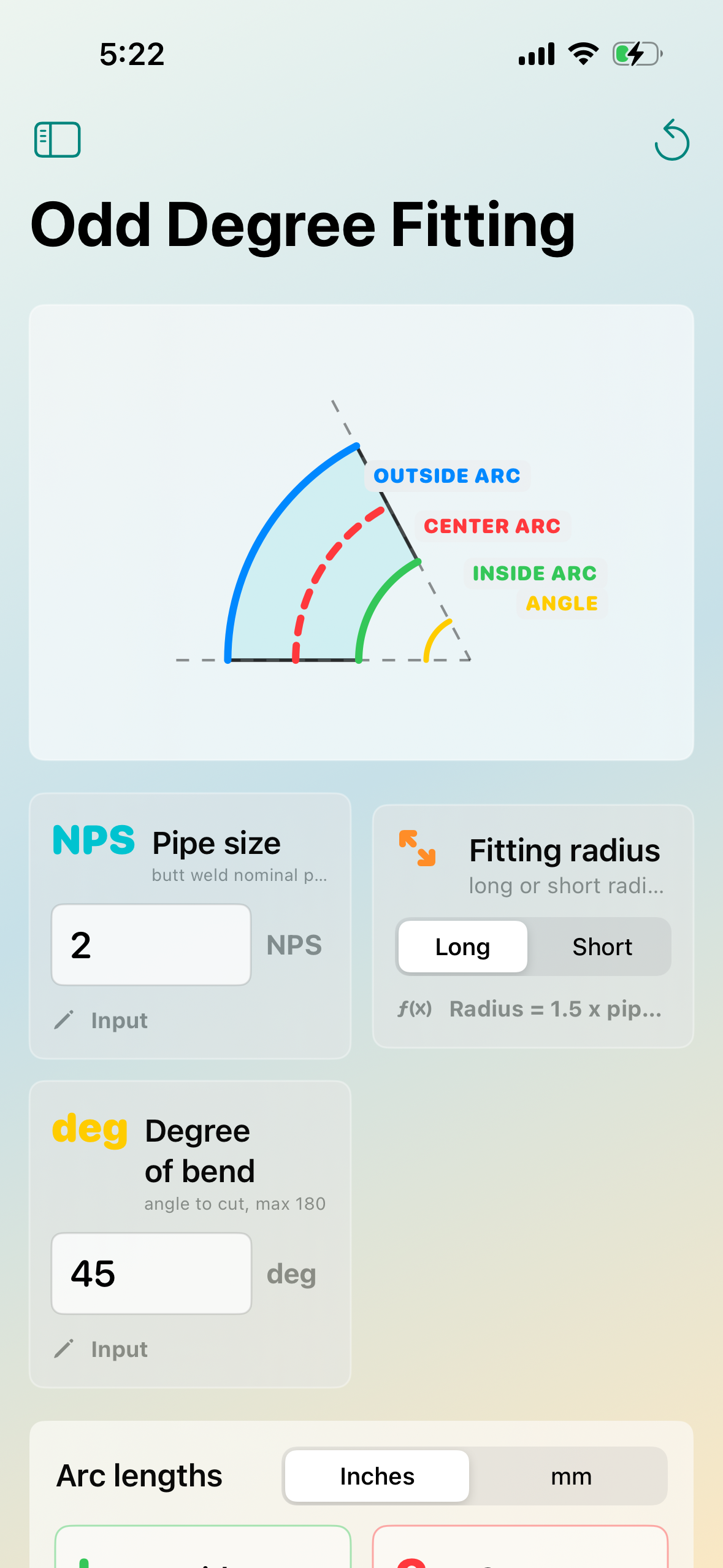 Odd Degree Fitting screen showing arc lengths and fitting radius inputs
