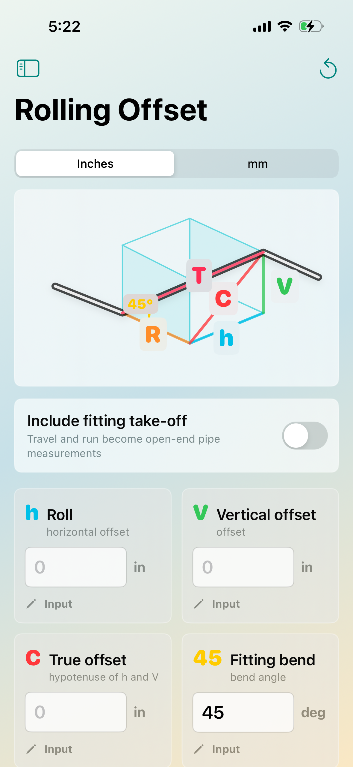 Rolling Offset screen showing pipe offset diagram and input cards
