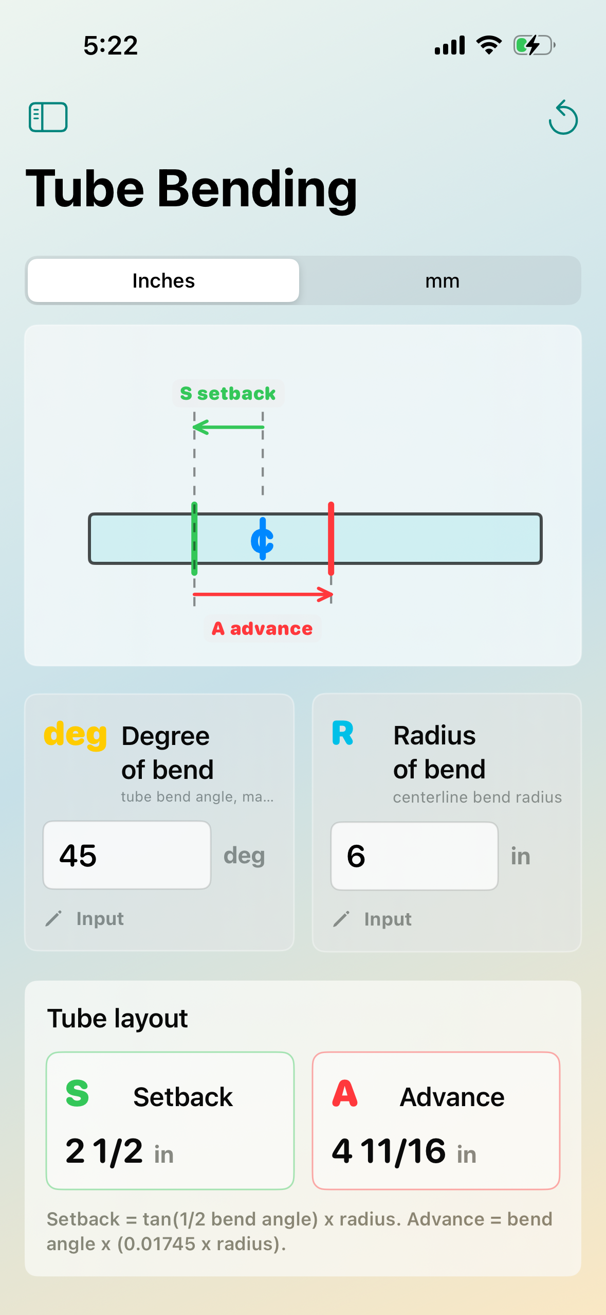 Tube Bending screen showing setback and advance calculations
